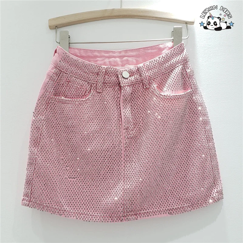 LEZONKIDS - Custom Denim Hot Drilling Skirt Kids Girl Casual Summer Fashion Girls Skirts with Lining